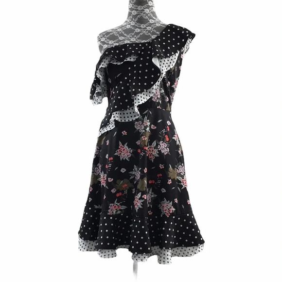 Y2K Lea And Viola One Shoulder Dress Black Ruffle Dance Flirty Small Retro - Picture 2 of 12